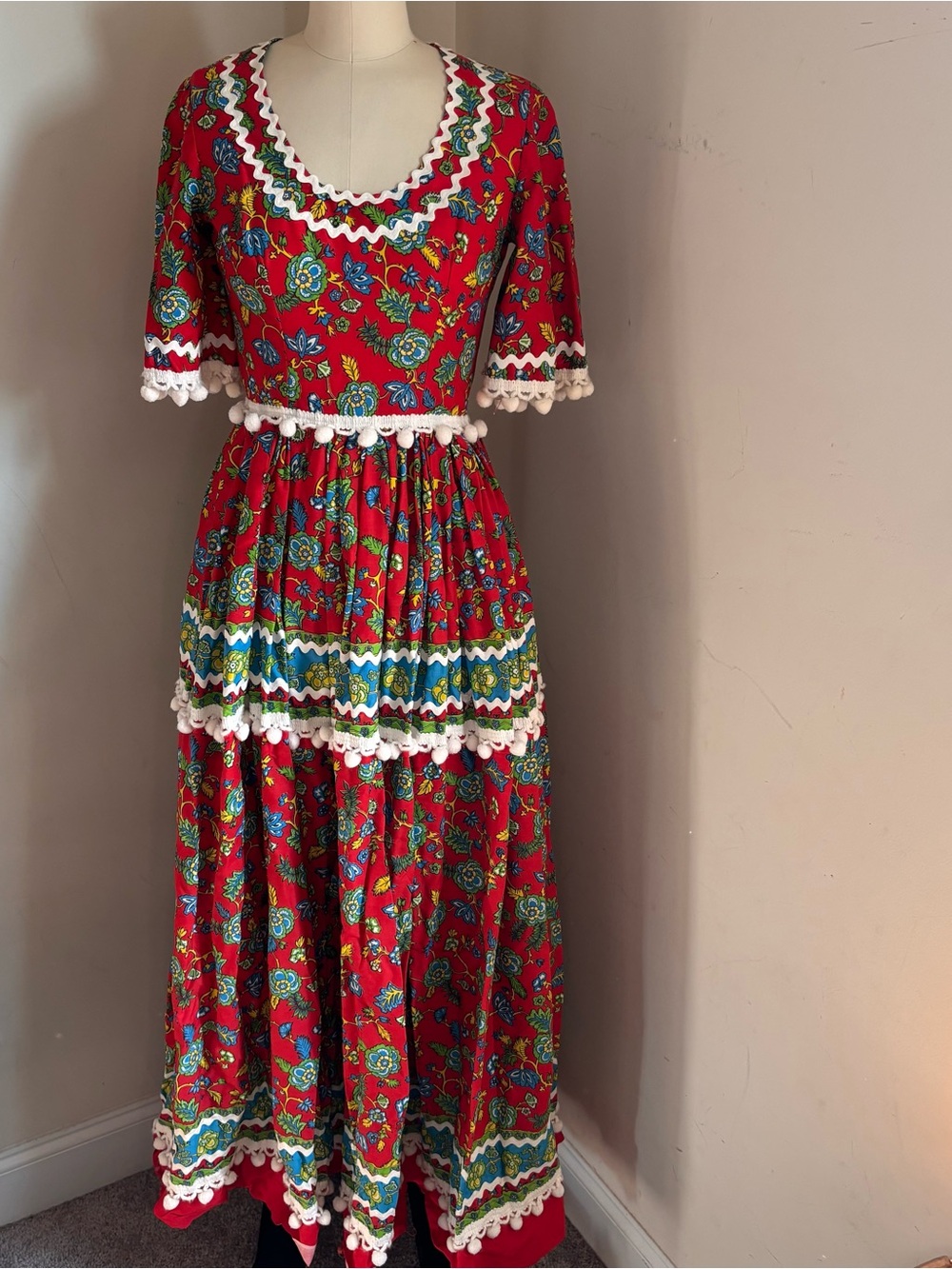 Handmade Vintage Red floral maxi dress with white trim and pom-poms